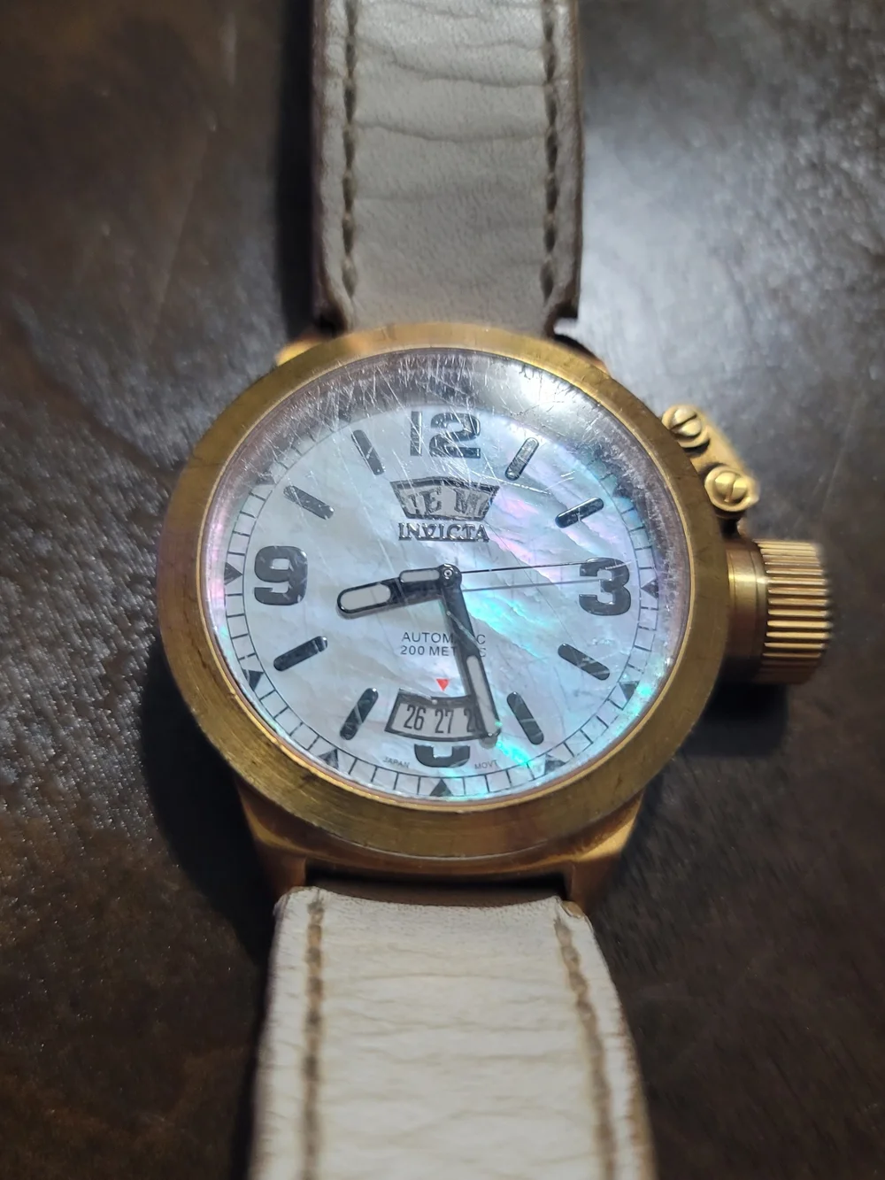 Invicta Bronze Case White Mother-of-Pearl Dial Leather Watch